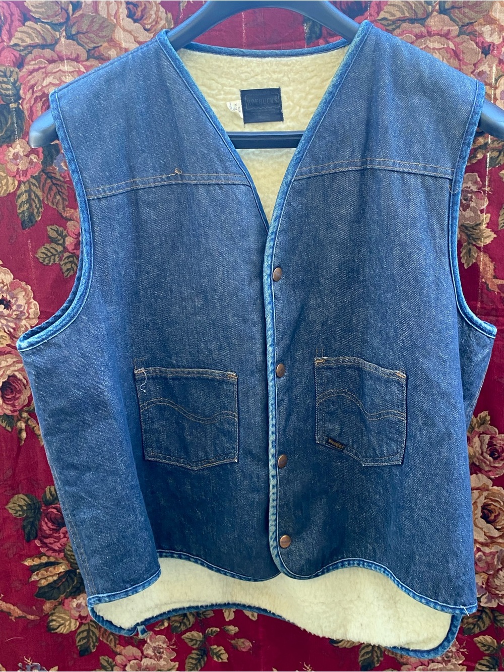 Vintage Denim Sherpa-Lined Vest in Dark Blue with Sears logo size XL